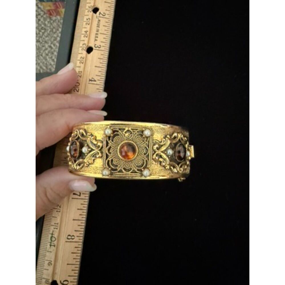 Vintage Freirich gold tone filigree clamer cuff bracelet with topaz and pearl ac